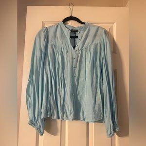 Blue balloon sleeve button down top, size XL NWT